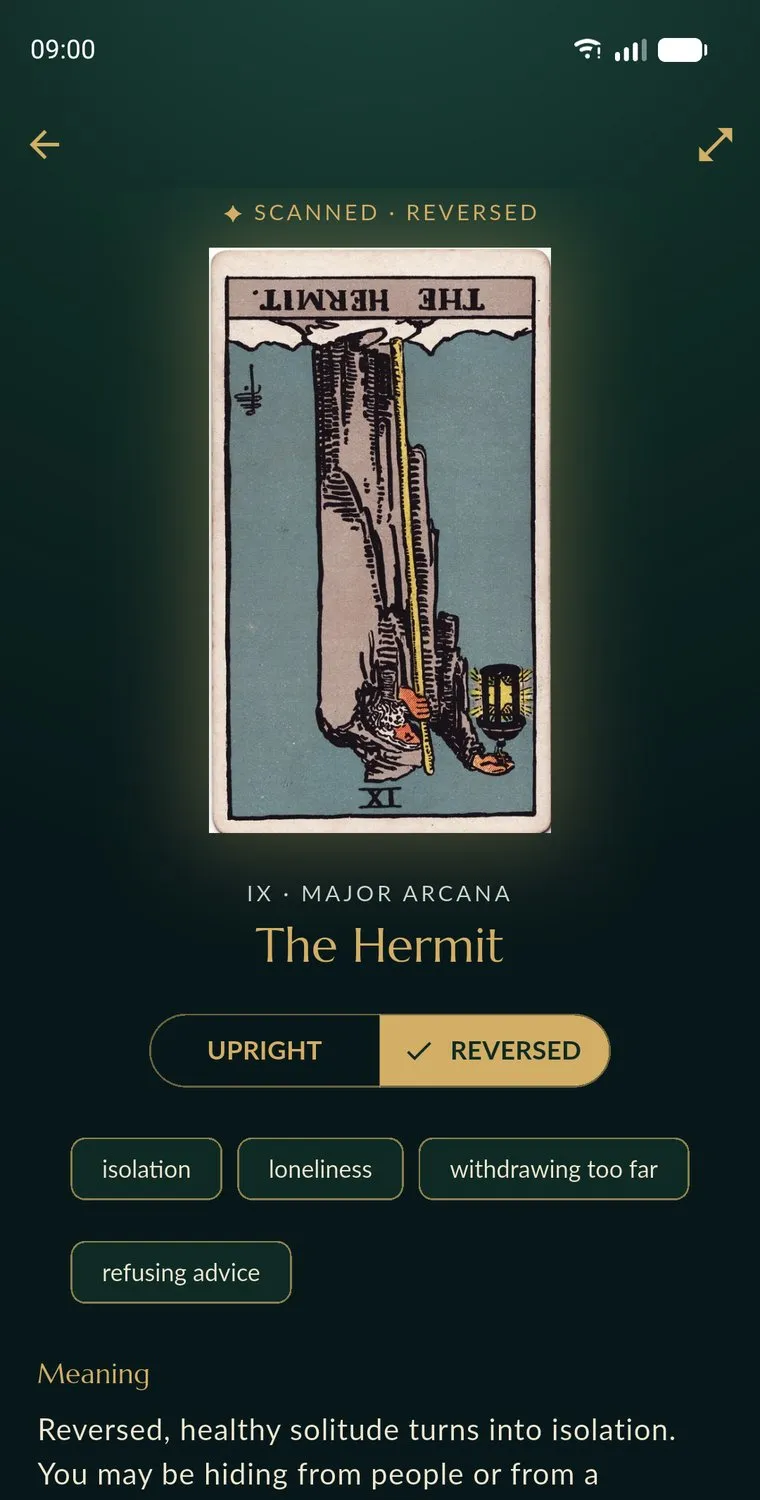The Hermit's meaning screen, marked Scanned · Reversed, with its reversed keywords